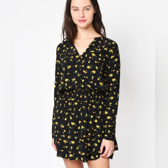 Rails Jasmine Yellow Roses Long Sleeve Smocked Waist Mini Dress Size XS Women's - Picture 1 of 15